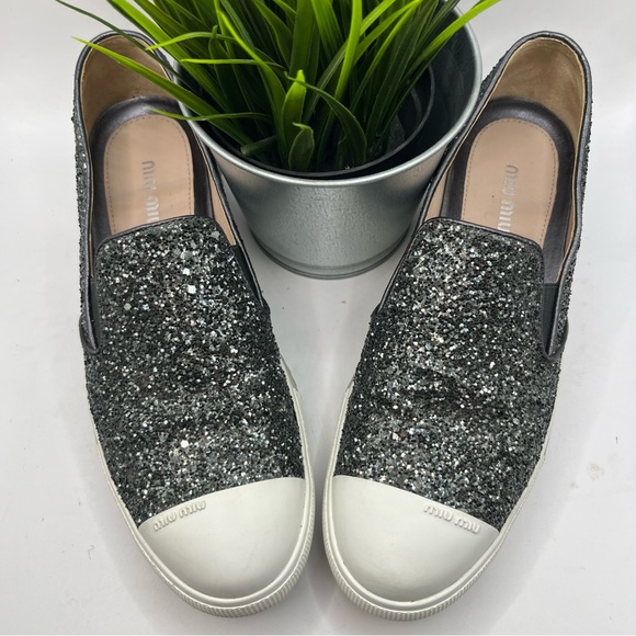 Miu Miu Calzature Donna Glitter Sneakers Charcoal Glitter White Sole 7 (37.5) - Picture 3 of 8